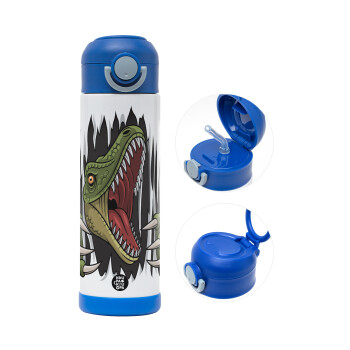 Dinosaur scratch, Children's hot water bottle, stainless steel, with safety straw, BLUE (500ml)