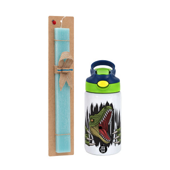 Dinosaur scratch, Easter Set, Children's thermal stainless steel bottle with safety straw, green/blue (350ml) & aromatic flat Easter candle (30cm) (TURQUOISE)