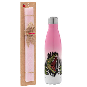 Dinosaur scratch, Easter Set, Metallic pink/white (Stainless steel) thermos, double-walled, 500ml & aromatic flat Easter candle (30cm) (PINK)