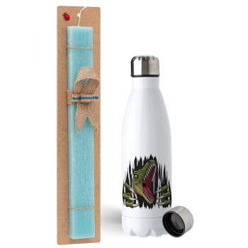 Dinosaur scratch, Easter Set, metallic stainless steel water bottle (750ml) & aromatic flat Easter candle (30cm) (TURQUOISE)