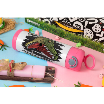 Dinosaur scratch, Πασχαλινή Λαμπάδα με Παιδικό παγούρι θερμό, ανοξείδωτο, με καλαμάκι ασφαλείας, ΡΟΖ (500ml)