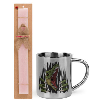 Dinosaur scratch, Easter Set, metallic thermal cup (300ml) & aromatic flat Easter candle (30cm) (PINK)