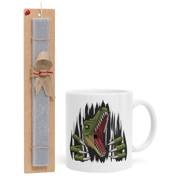 Dinosaur scratch, Easter Set, Ceramic Cup (330ml) & Easter aromatic flat candle (30cm) (GRAY)
