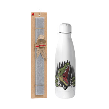 Dinosaur scratch, Easter Set, metallic stainless thermos bottle (500ml) & scented flat Easter candle (30cm) (GRAY)