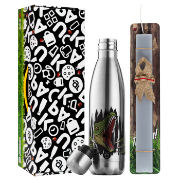 Dinosaur scratch, Easter Set, metallic stainless thermos flask (500ml) & scented flat Easter candle (30cm) (GRAY)