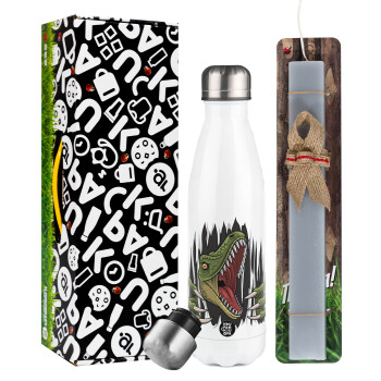 Dinosaur scratch, Easter candle, metallic white thermos bottle (500ml) & aromatic flat candle (30cm) (GRAY)