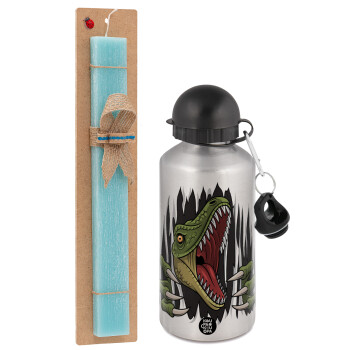 Dinosaur scratch, Easter Set, metallic silver aluminum water bottle (500ml) & scented flat Easter candle (30cm) (TURQUOISE)