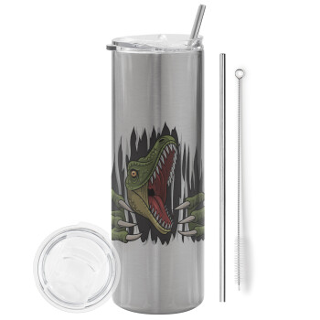 Dinosaur scratch, Eco friendly stainless steel Silver tumbler 600ml, with metal straw & cleaning brush