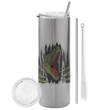 Dinosaur scratch, Tumbler stainless steel Silver 600ml, with metal straw & cleaning brush