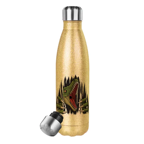 Dinosaur scratch — Glitter gold stainless steel thermos bottle, double-walled, 500ml