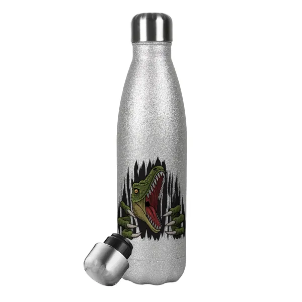 Dinosaur scratch — Metallic Glitter Silver Thermos Flask (Stainless steel), double-walled, 500ml