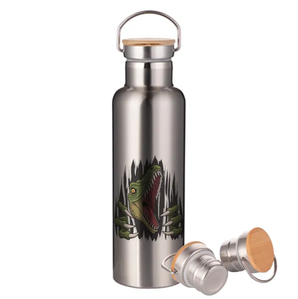 Dinosaur scratch — Stainless steel Silver with wooden lid (bamboo), double wall, 750ml