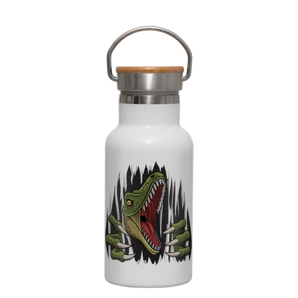 Dinosaur scratch — Metallic thermos (Stainless steel) White with wooden lid (bamboo), double-walled, 350ml