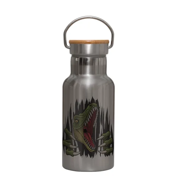 Dinosaur scratch — Stainless steel metallic thermos flask, silver with a bamboo lid, double-walled, 350ml.