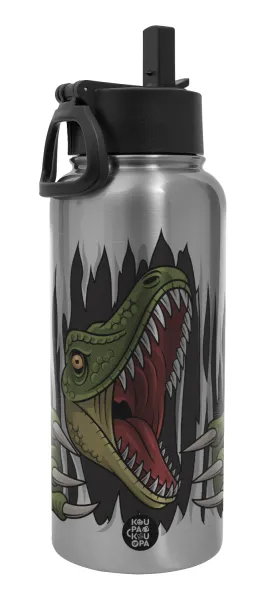 Dinosaur scratch — Metal mug thermo Silver with Straw and Spout Lid (Stainless steel), double wall, 950ml