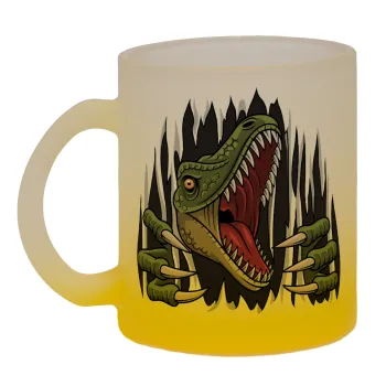 Dinosaur scratch, Κούπα γυάλινη δίχρωμη με βάση το κίτρινο ματ, 330ml