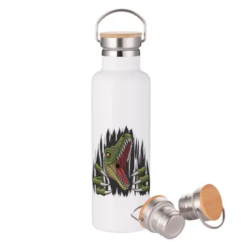 Dinosaur scratch, Stainless steel White with wooden lid (bamboo), double wall, 750ml
