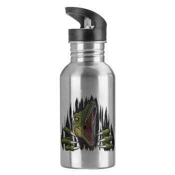 Dinosaur scratch, Water bottle Silver with straw, stainless steel 600ml