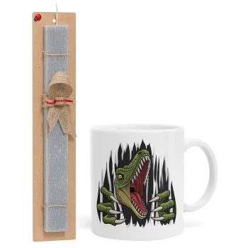 Dinosaur scratch, Easter Set, Ceramic Cup (330ml) & Easter aromatic flat candle (30cm) (GRAY)