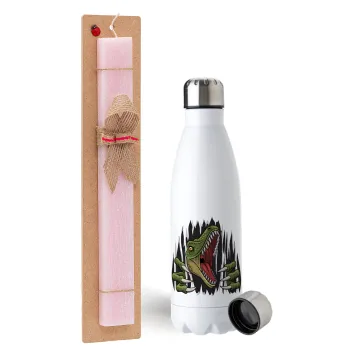 Dinosaur scratch, Easter Set, metallic stainless steel water bottle (750ml) & scented flat Easter candle (30cm) (PINK)