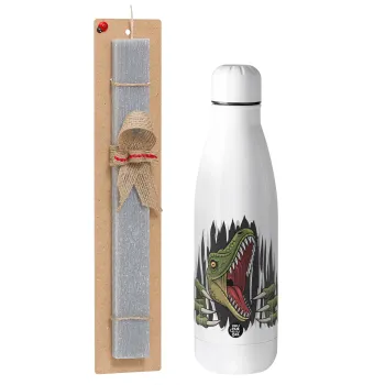 Dinosaur scratch, Easter Set, metallic stainless thermos bottle (500ml) & scented flat Easter candle (30cm) (GRAY)
