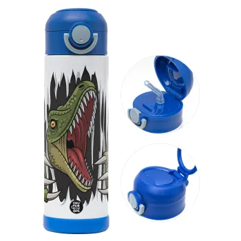 Dinosaur scratch, Παιδικό παγούρι θερμό, ανοξείδωτο, με καλαμάκι ασφαλείας, ΜΠΛΕ (500ml)