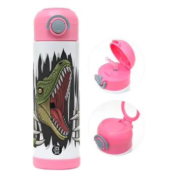 Dinosaur scratch, Παιδικό παγούρι θερμό, ανοξείδωτο, με καλαμάκι ασφαλείας, ΡΟΖ (500ml)