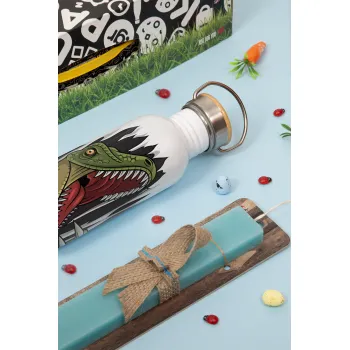 Dinosaur scratch, Πασχαλινή Λαμπάδα με παγούρι μεταλλικό (620ml, stainless steel) & κερί αρωματικό πλακέ (30cm) (ΤΙΡΚΟΥΑΖ)