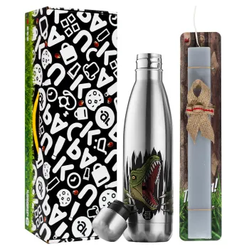 Dinosaur scratch, Easter Set, metallic stainless thermos flask (500ml) & scented flat Easter candle (30cm) (GRAY)