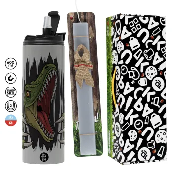 Dinosaur scratch, Πασχαλινή Λαμπάδα με Travel Tumbler θερμό (600ml, BPA free) & κερί αρωματικό πλακέ (30cm) (ΓΚΡΙ)