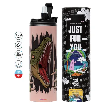 Dinosaur scratch, Tumbler ποτήρι θερμό ΡΟΖ από ανοξείδωτο ατσάλι 600ml
