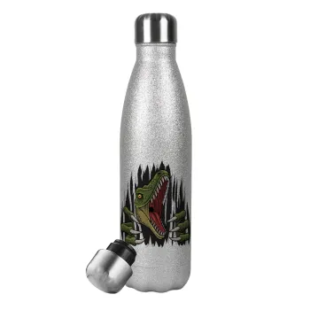 Dinosaur scratch, Metallic Glitter Silver Thermos Flask (Stainless steel), double-walled, 500ml