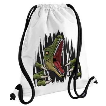 Dinosaur scratch, Τσάντα πλάτης πουγκί GYMBAG λευκή, με τσέπη (40x48cm) & χονδρά κορδόνια