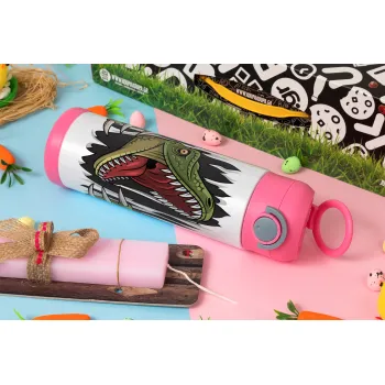 Dinosaur scratch, Πασχαλινή Λαμπάδα με Παιδικό παγούρι θερμό, ανοξείδωτο, με καλαμάκι ασφαλείας, ΡΟΖ (500ml)