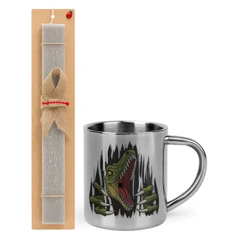 Dinosaur scratch, Πασχαλινή Λαμπάδα με μεταλλική κούπα θερμό (300ml) & κερί αρωματικό πλακέ (30cm) (ΓΚΡΙ)