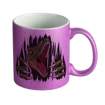 Dinosaur scratch, Κούπα Μωβ Glitter που γυαλίζει, κεραμική, 330ml