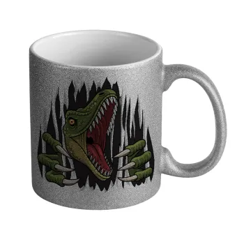 Dinosaur scratch, Κούπα Ασημένια Glitter που γυαλίζει, κεραμική, 330ml