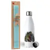 Easter Set, metallic stainless steel water bottle (750ml) & aromatic flat Easter candle (30cm) (TURQUOISE)