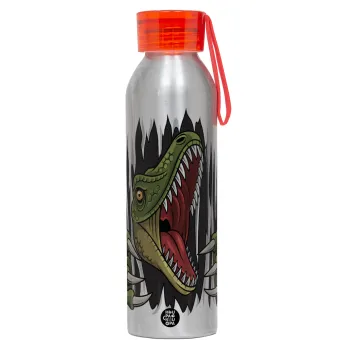 Dinosaur scratch, Αλουμινένιο Αθλητικό Μπουκάλι 650ml – Ασημί με Κόκκινο Καπάκι και Λουράκι Σιλικόνης