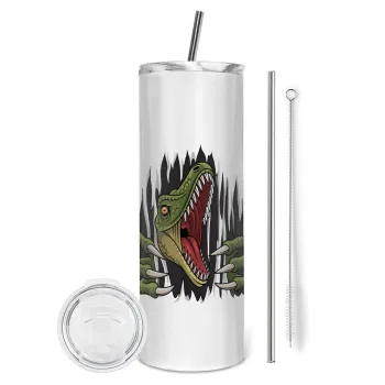 Dinosaur scratch, Tumbler ποτήρι θερμό από ανοξείδωτο ατσάλι 600ml, με μεταλλικό καλαμάκι & βούρτσα καθαρισμού