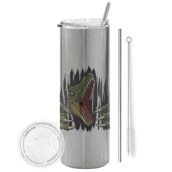 Dinosaur scratch, Tumbler ποτήρι θερμό Ασημένιο από ανοξείδωτο ατσάλι 600ml, με μεταλλικό καλαμάκι & βούρτσα καθαρισμού