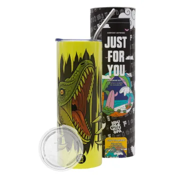 Dinosaur scratch, Neon Yellow Travel Tumbler θερμό, μεταλλικό καλαμάκι(Ανωξείδωτο 304 Food grade, BPA free, 600ml)