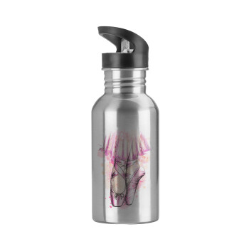 Ballerina shoes, Water bottle Silver with straw, stainless steel 600ml