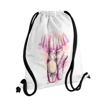Ballerina shoes, Τσάντα πλάτης πουγκί GYMBAG λευκή, με τσέπη (40x48cm) & χονδρά κορδόνια