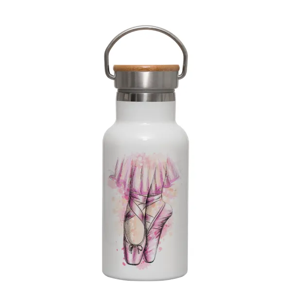Ballerina shoes — Metallic thermos (Stainless steel) White with wooden lid (bamboo), double-walled, 350ml