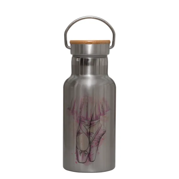 Ballerina shoes — Stainless steel metallic thermos flask, silver with a bamboo lid, double-walled, 350ml.