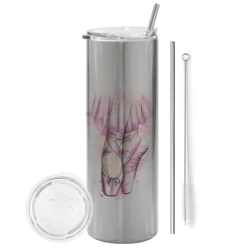 Ballerina shoes, Tumbler ποτήρι θερμό Ασημένιο από ανοξείδωτο ατσάλι 600ml, με μεταλλικό καλαμάκι & βούρτσα καθαρισμού