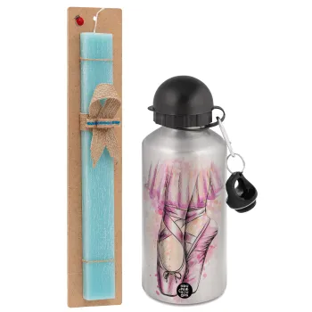 Ballerina shoes, Easter Set, metallic silver aluminum water bottle (500ml) & scented flat Easter candle (30cm) (TURQUOISE)