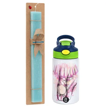 Ballerina shoes, Easter Set, Children's thermal stainless steel bottle with safety straw, green/blue (350ml) & aromatic flat Easter candle (30cm) (TURQUOISE)