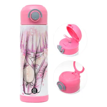 Ballerina shoes, Παιδικό παγούρι θερμό, ανοξείδωτο, με καλαμάκι ασφαλείας, ΡΟΖ (500ml)